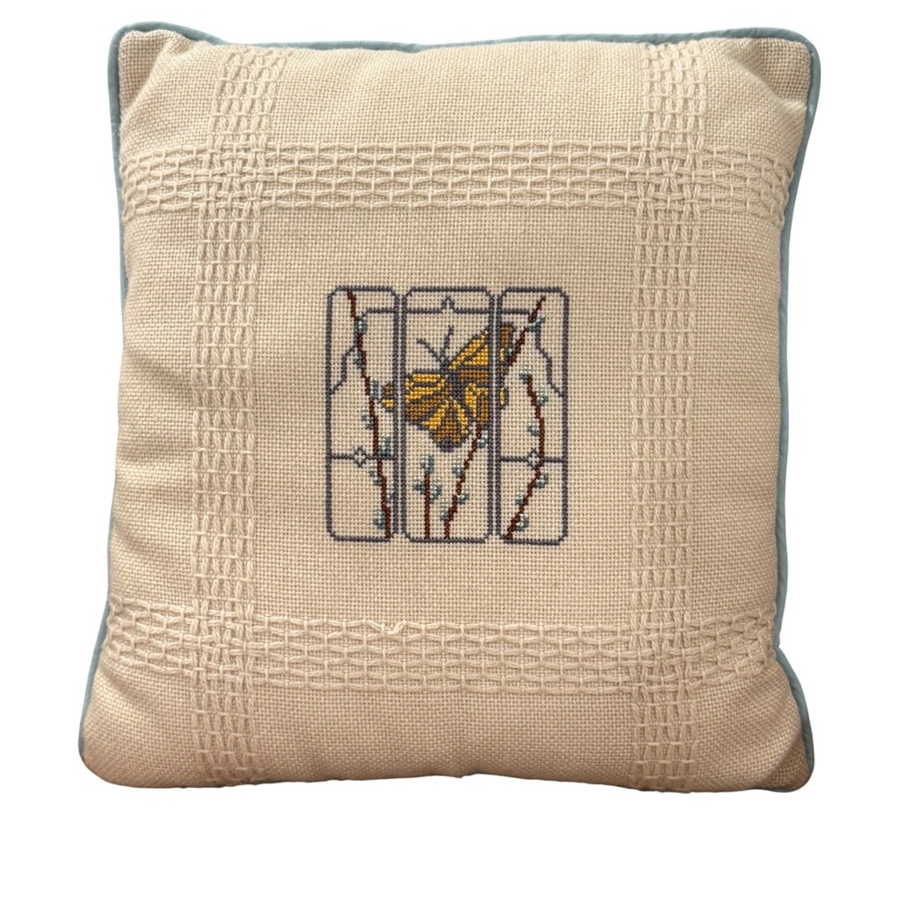 Vintage Butterfly Cross Stitch Throw Pillow Cream Blue 13x13 Cottagecore Granny